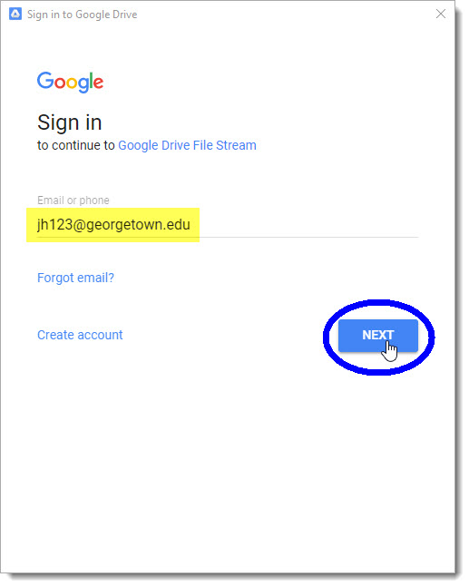 Enter Georgetown email address in Drive File Stream sign in window