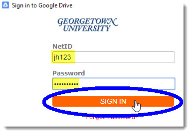 Enter NetID and password at Georgetown login prompt