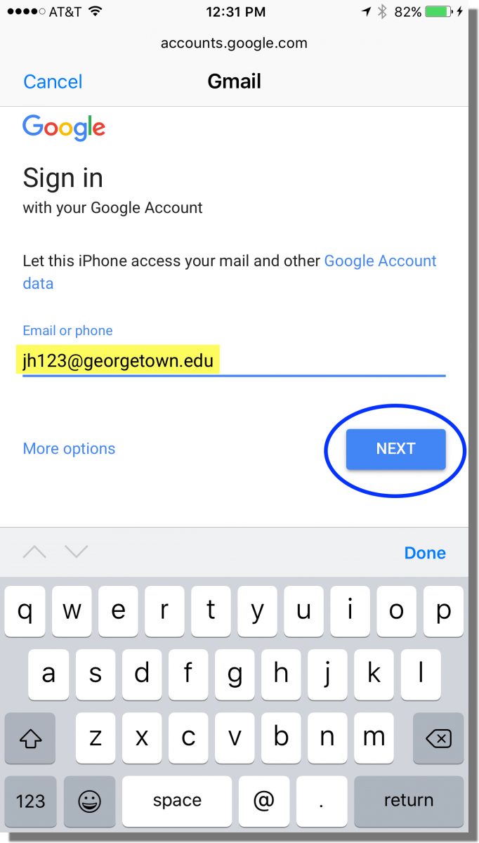 Enter Georgetown email address and then tap Next