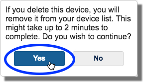 pop-up window asking if you would like to delete the device with the yes option circled