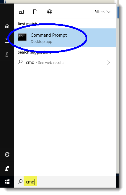 enter 'cmd' in search box and select 'Command Prompt' from results