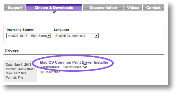 Click on the link 'Mac OS Common Print Driver Installer'