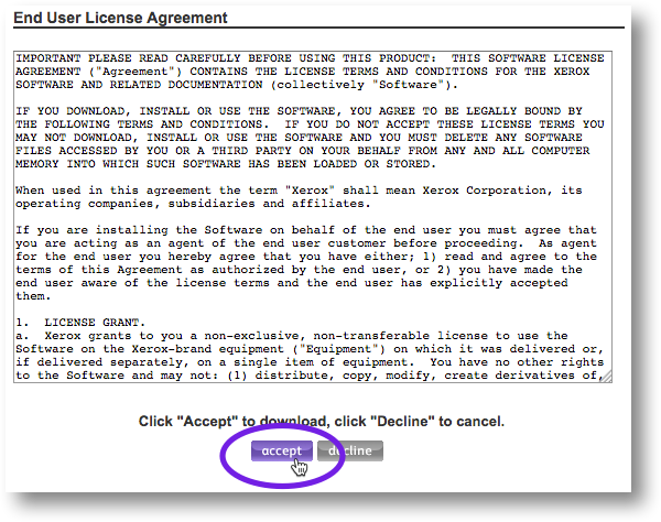 Click 'Agree' to accept Xerox license agreement