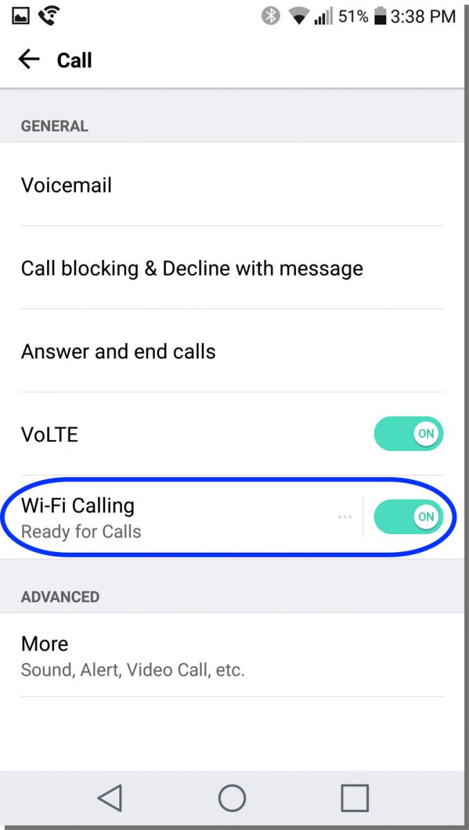 wifi calling ready for calls with a green button to the right of the text