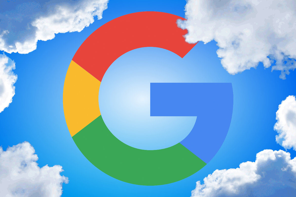 Google logo in the sky, surrounded by clouds