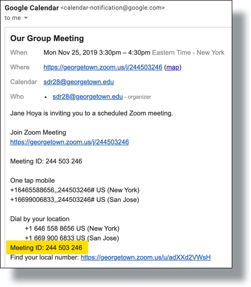 Zoom Meeting ID in invite email