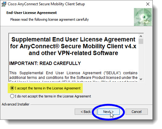 Accept license agreement and then click 'Next'