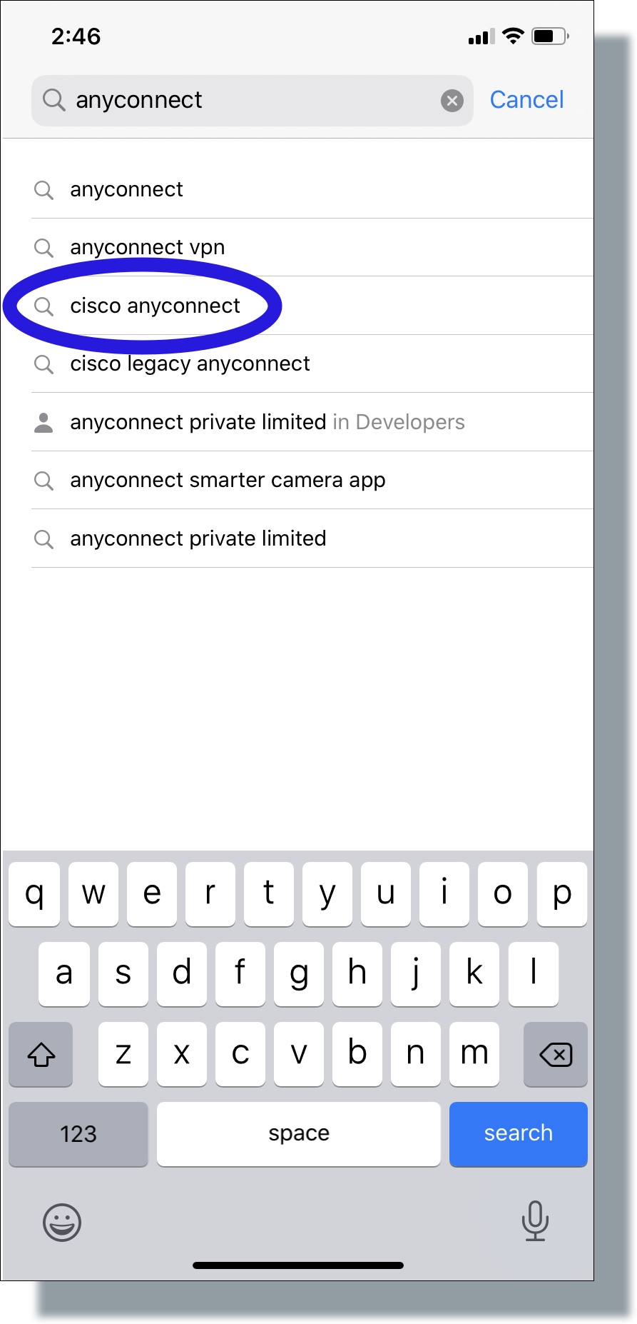 Tap 'cisco anyconnect' from search results