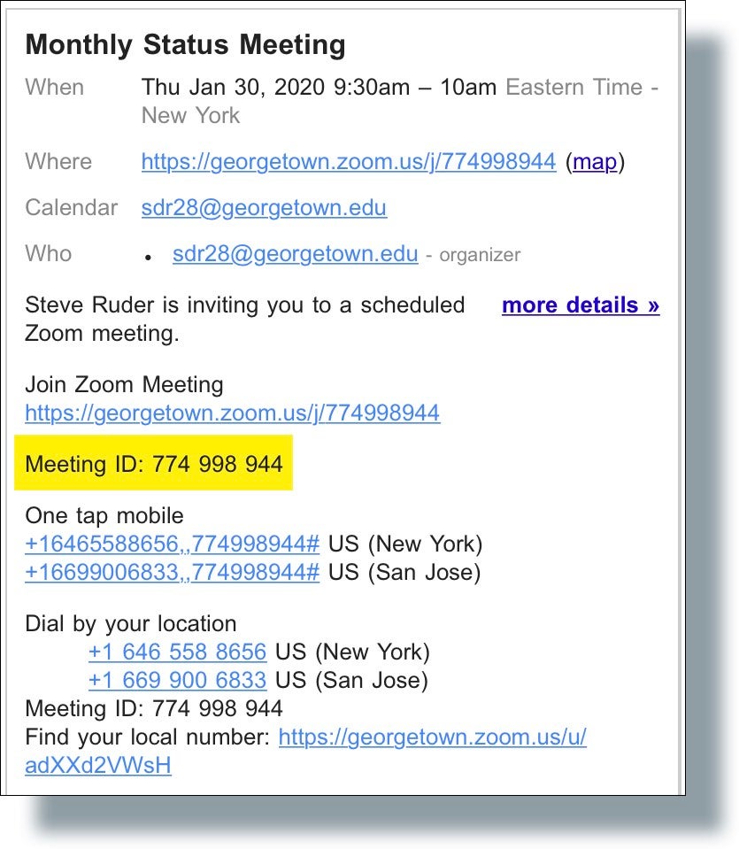 Zoom Meeting ID displayed in invite email