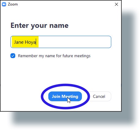 Enter desired display name for meeting and click 'Join Meeting'