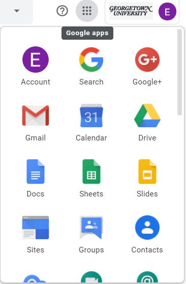 The Google Apps menu: Account, Search, Google+, Gmail, Calendar, Drive, Docs, Sheets, Slides, Sites, Groups, Contacts, etc.