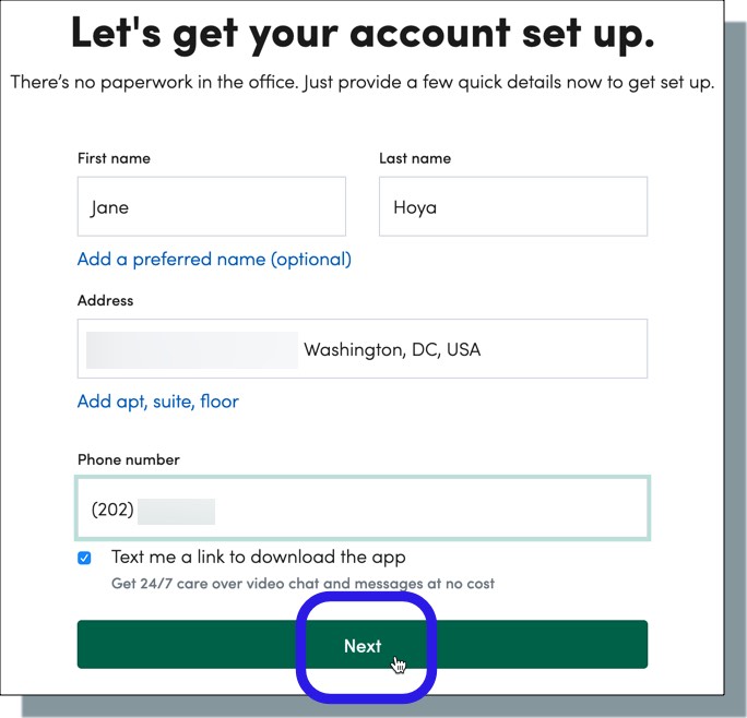 Enter your name, address, phone number, and then click 'Next'