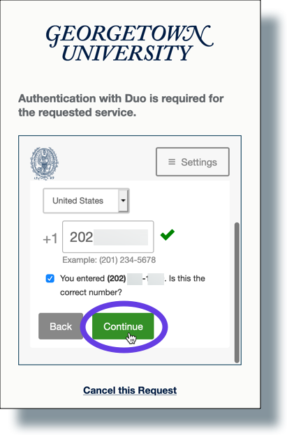 Confirm number is correct and then click 'Continue'