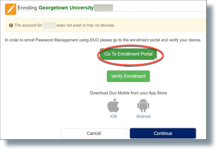 Click 'Go to Enrollment Portal' to enroll in Duo
