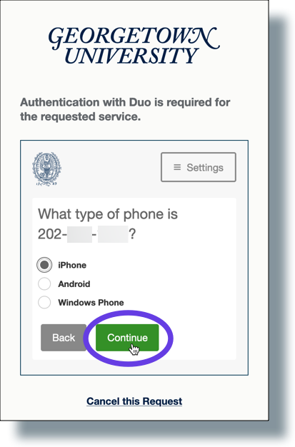 Select phone type and then click 'Continue'