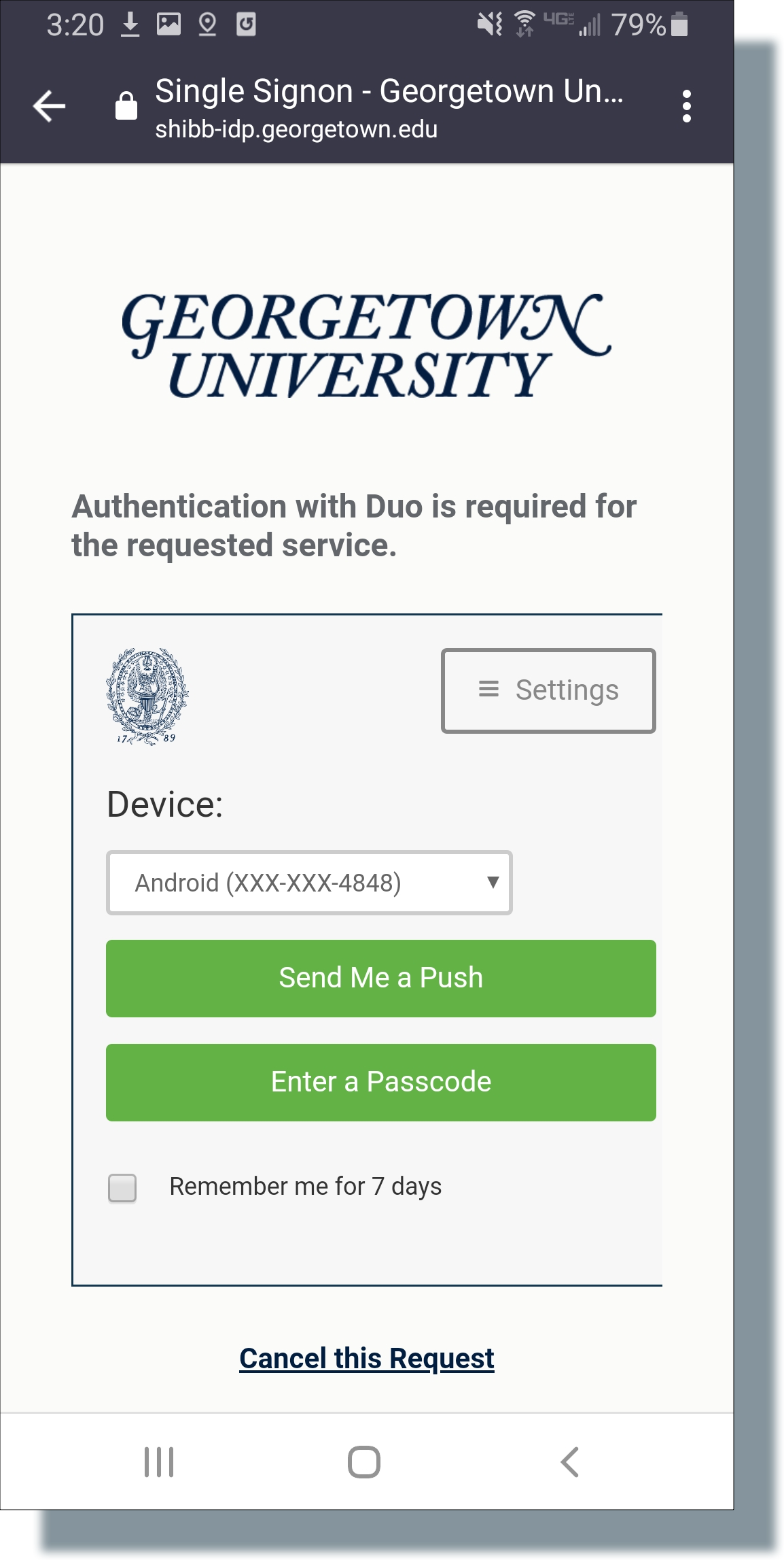 In the Duo screen, select authentication method