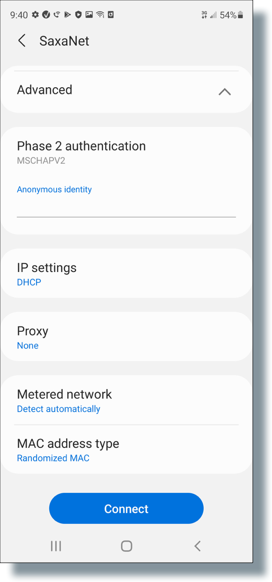 Verify SaxaNet settings, then tap 'Connect'