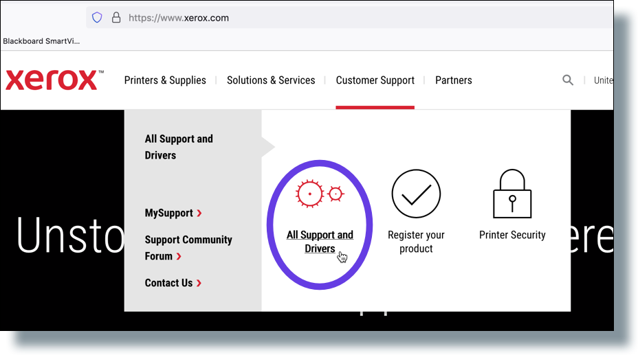 Select 'Customer Support', and then select 'All Support and Drivers'