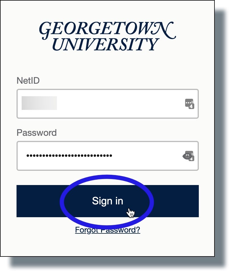 Enter your NetID and password at GU login prompt, then click 'Sign in'