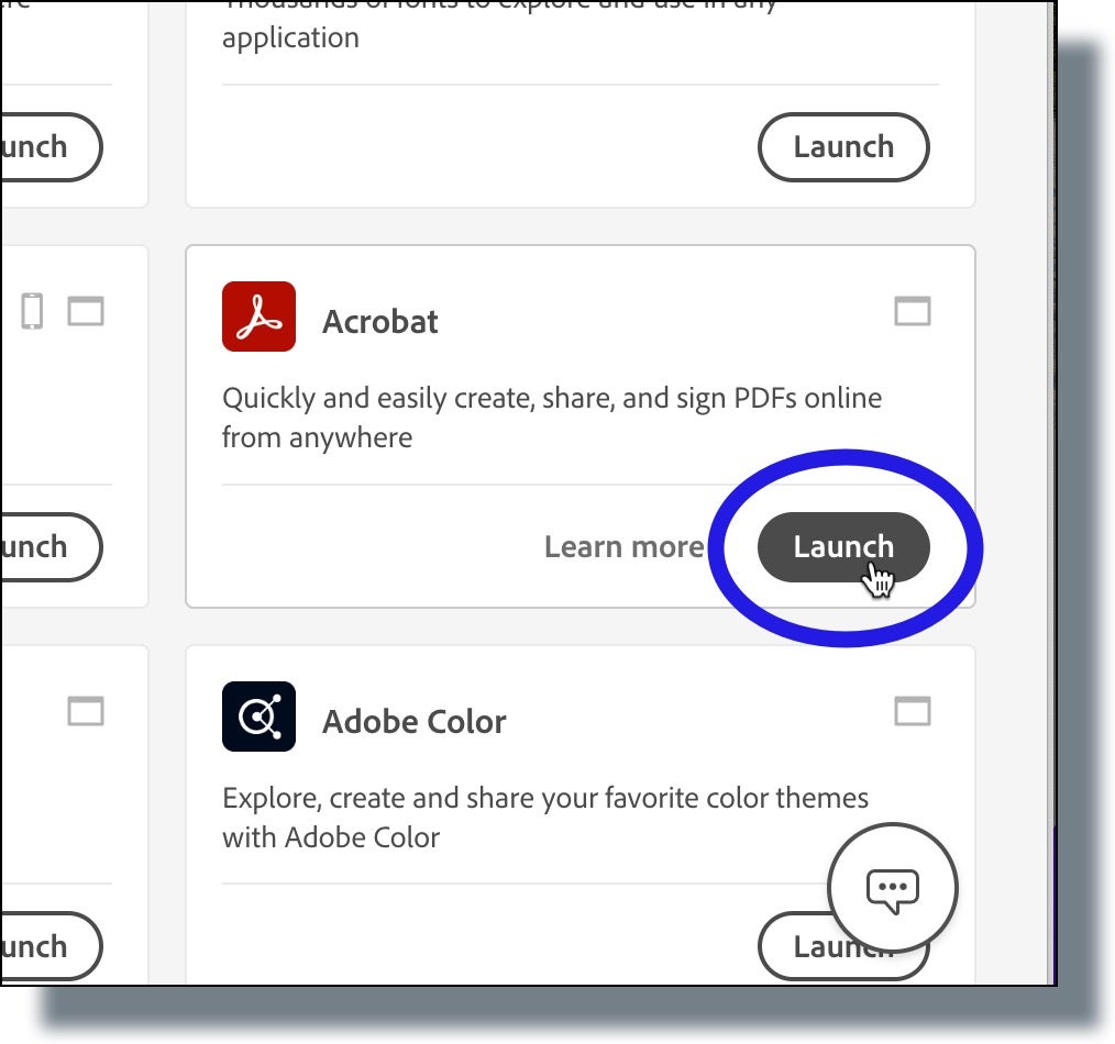 Click 'Launch' to open the application in which you have created Adobe documents stored in Adobe cloud storage