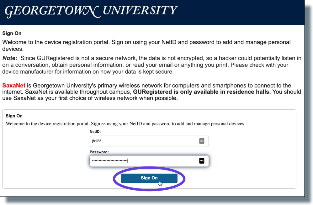 In the GURegistered wifi network device registration page, enter your NetID and password, and then click 'Sign On' 