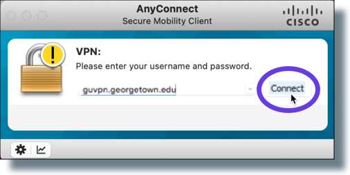 'guvpn.georgetown.edu' displayed first time you use VPN. Click 'Connect' to enter your credentials.