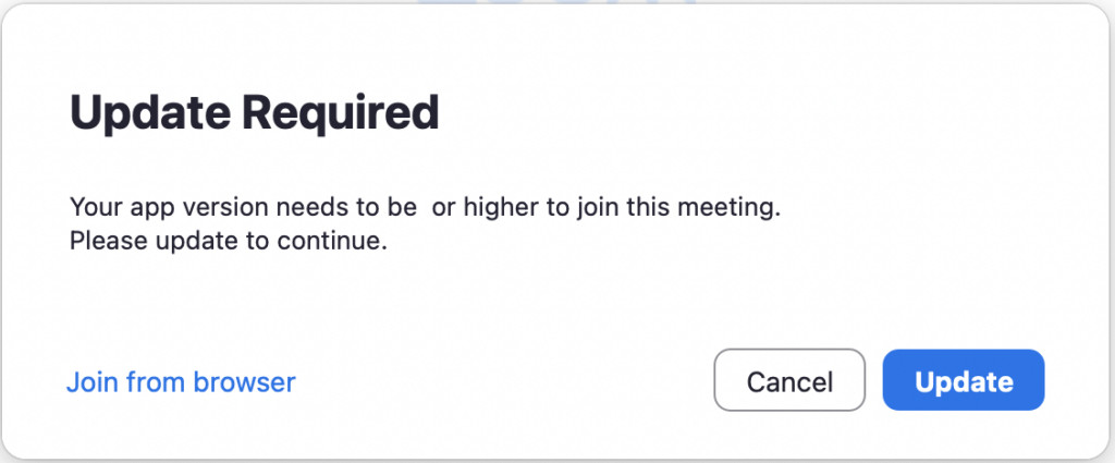 Zoom update required dialog box with option to join meeting from browser.