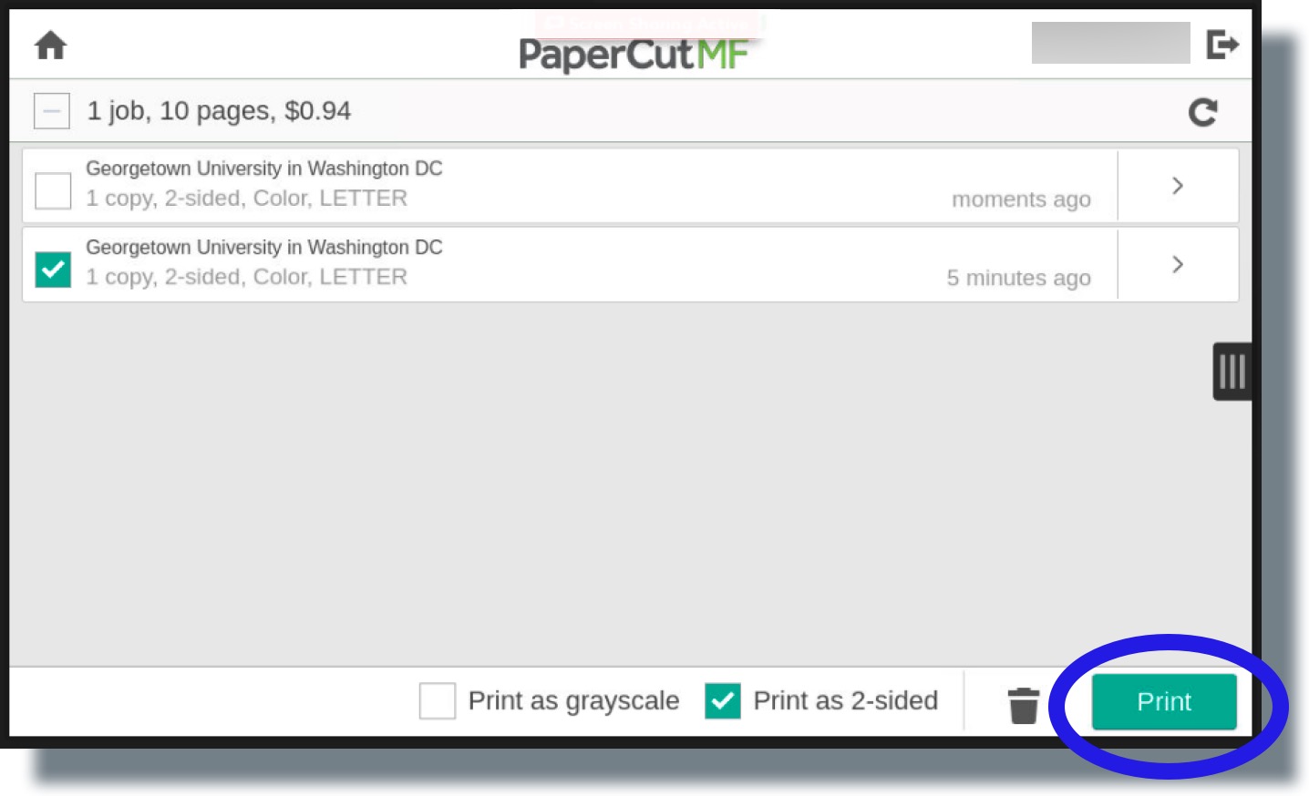 Select the documents your want to print from your list of print jobs, then tap 'Print'