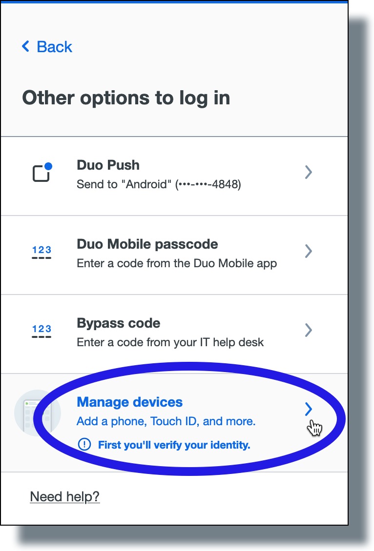 Click 'Manage devices' from the list of Duo options.