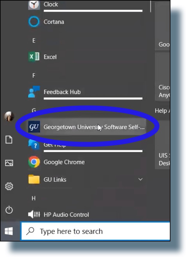 Click your Windows icon, and then select 'Georgetown Self Service' from the drop-down menu. 