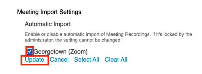 Graphical user interface of user meeting import settings, showing a check mark next to Zoom under the automatic import heading; and the word update is highlighted in a red box.