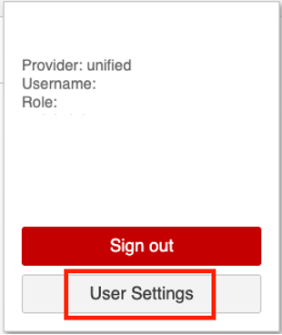Graphical user interface, showing a the user settings button highlighted with red box.
