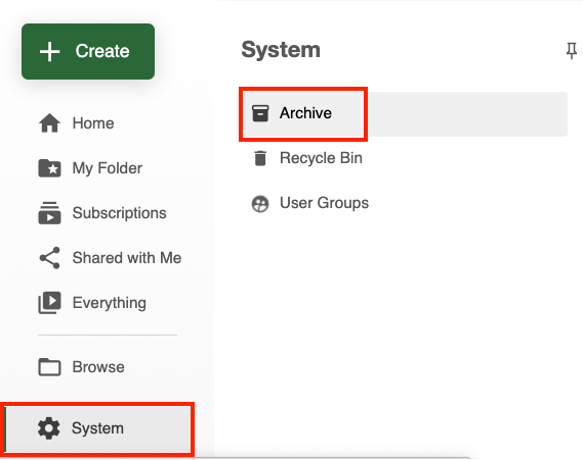System button in Panopto in highlighted red box. Click the system button and to show the system menu. Then click the Archive button highlighted by a red box to open Archive