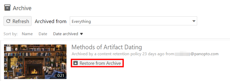 Video in the Archive. On it, the button "Restore from Archive" is highlighted by a red box.