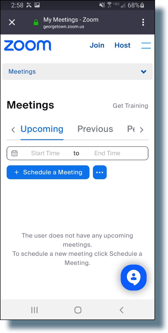 Zoom Mobile app for Android main meetings screen.