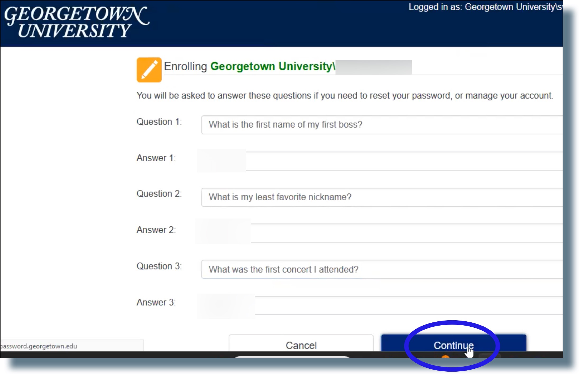 Select, and then provide answers for, any 3 security questions available, then click 'Continue'.