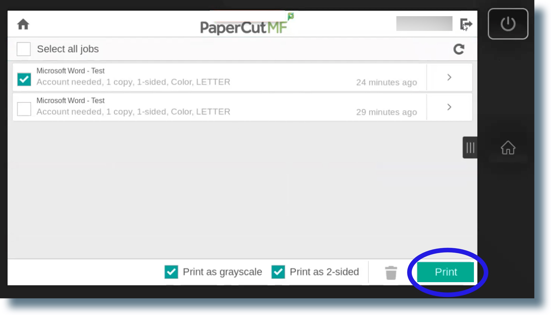 Select the print jobs you want to release; optionally, click on the check mark next to 'grayscale' to change to color, or click on '2-sided' check mark to change to single sided, then click 'Print' to print your document(s).