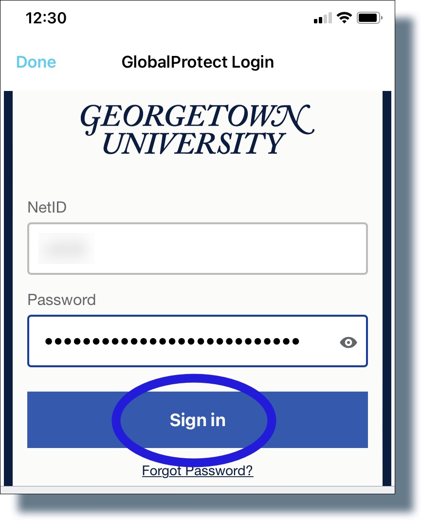 Image of Georgetown login prompt. Enter your NetID and password, and then tap 'Sign in'.