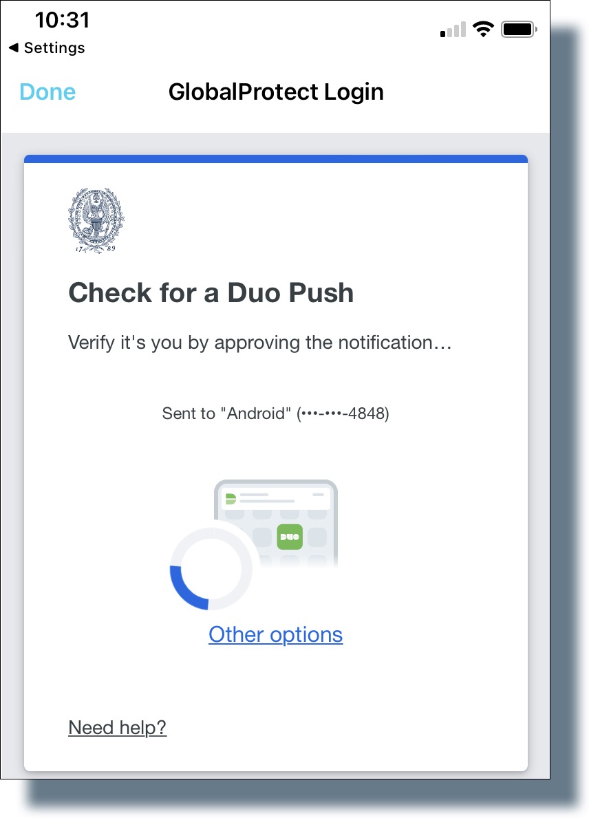 Duo message to check your mobile device for a Duo notification.