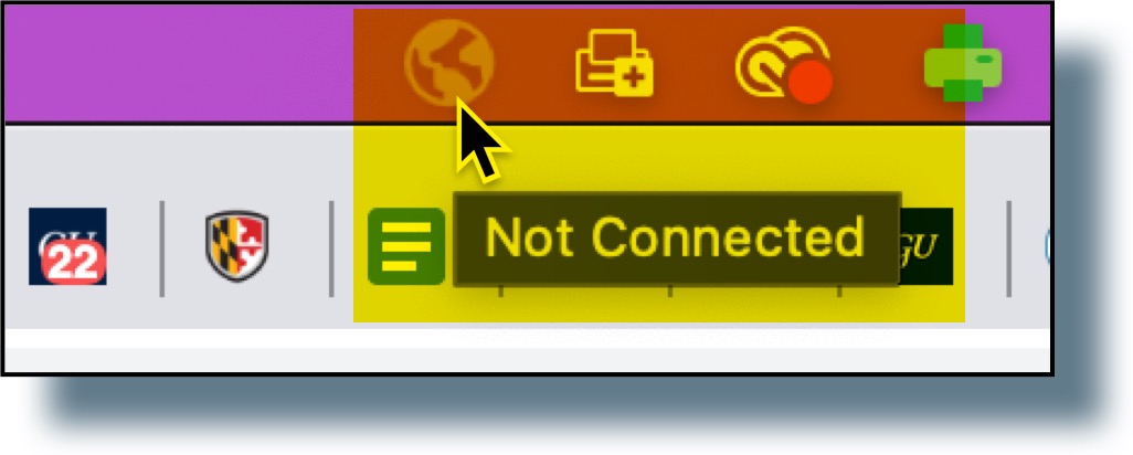 'Not Connected' text displayed when you move your mouse over globe-shaped icon.