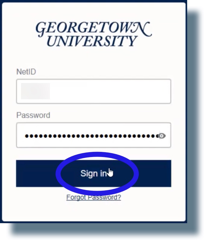 Image of GU login prompt. Enter your NetID and password, then click 'Sign in'.