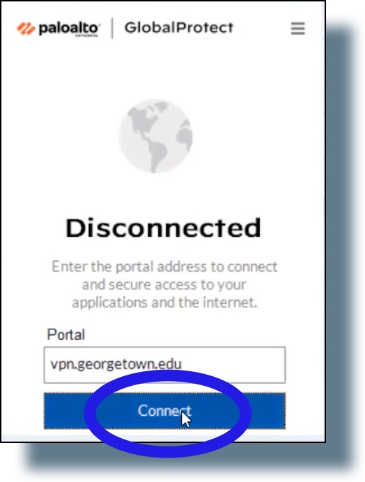 Image of VPN being disconnected. Click 'Connect'.