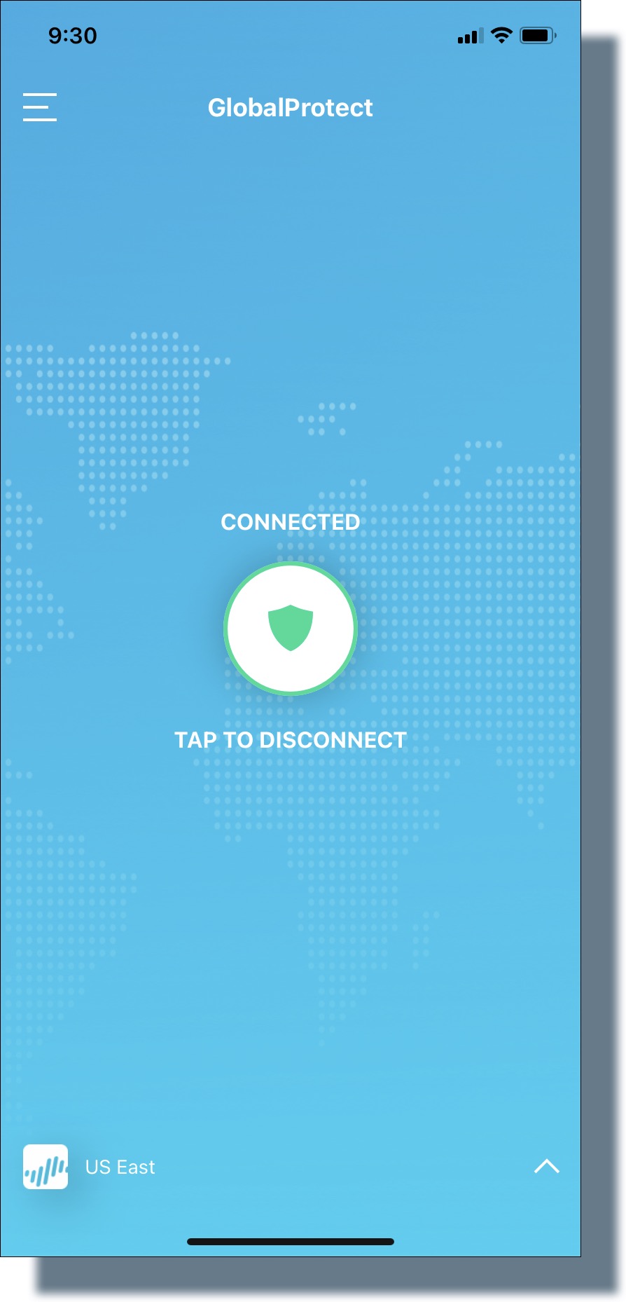 Image showing you are connected to the VPN. Tap the shield icon above 'Tap to Disconnect'. 