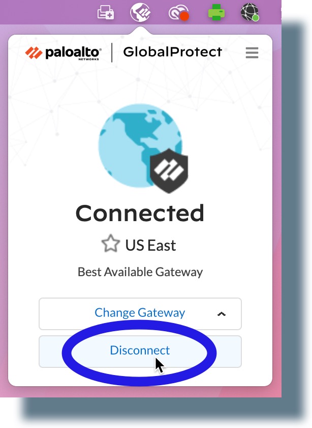 Image of connection confirmation window displayed after clicking on VPN globe-shaped icon. Click 'Disconnect' in the pop-up.