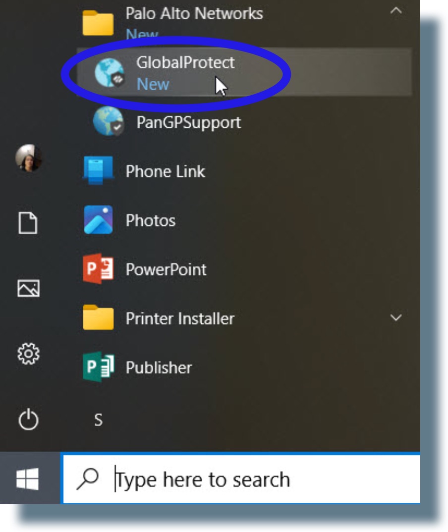 Image of Global Protect VPN in Windows application listing.