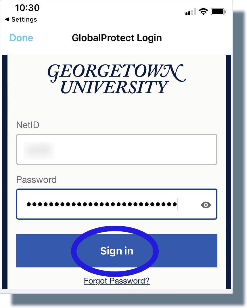 Image of GU login prompt. Enter your NetID and password, then tap 'Sign in'.