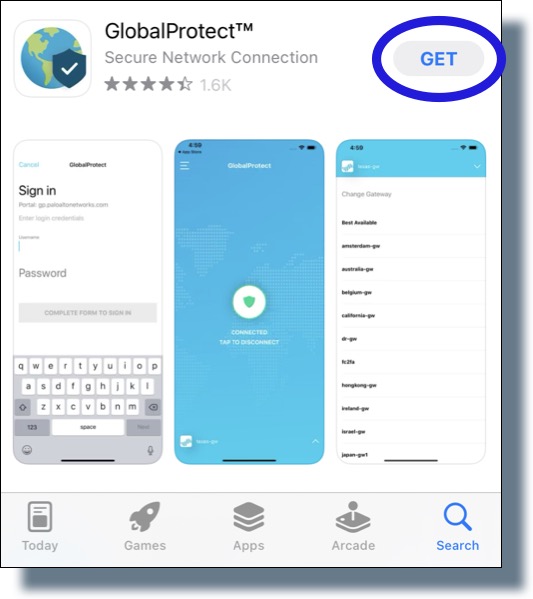 Tap 'Get' for the listing of Global Protect VPN.