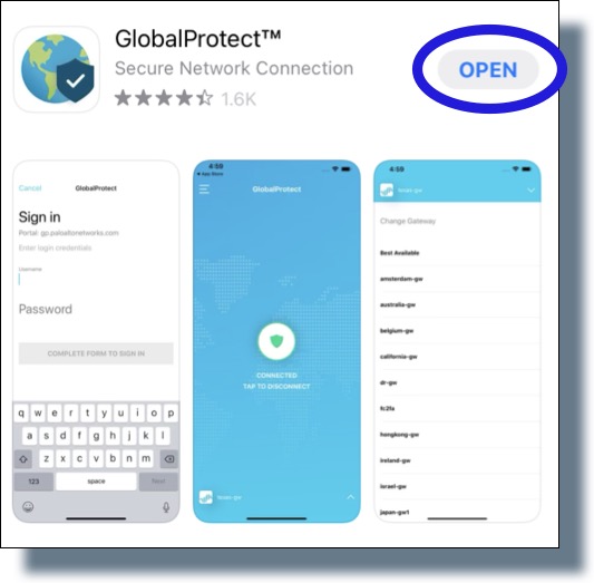 tap 'OPEN' for the Global Protect VPN listing.