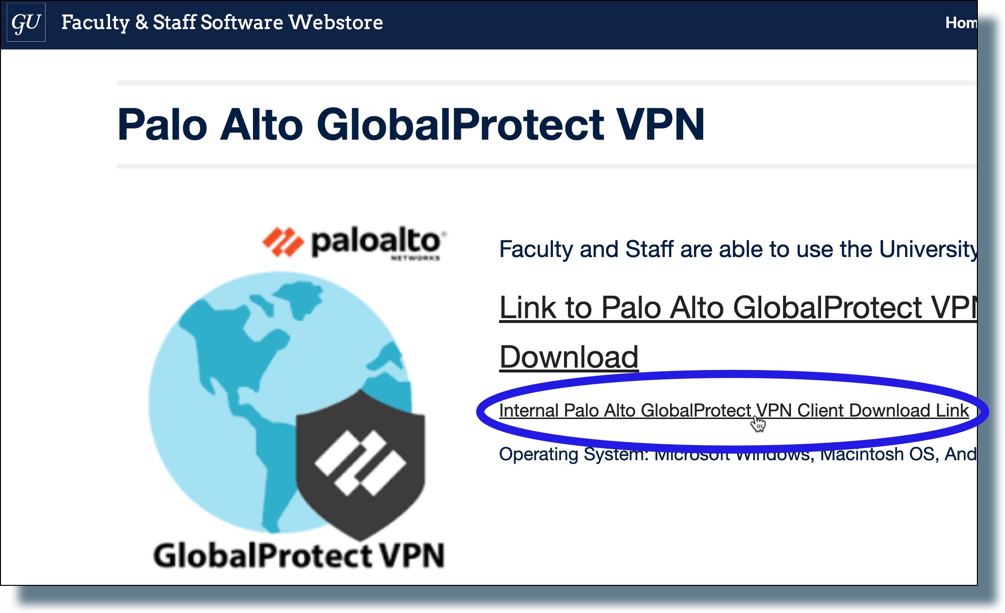 Click on the link "Internal Palo Alto GlobalProtect VPN Client Download link".