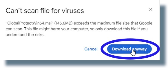 Click "Download anyway" in the message that Google can't scan this file for viruses.